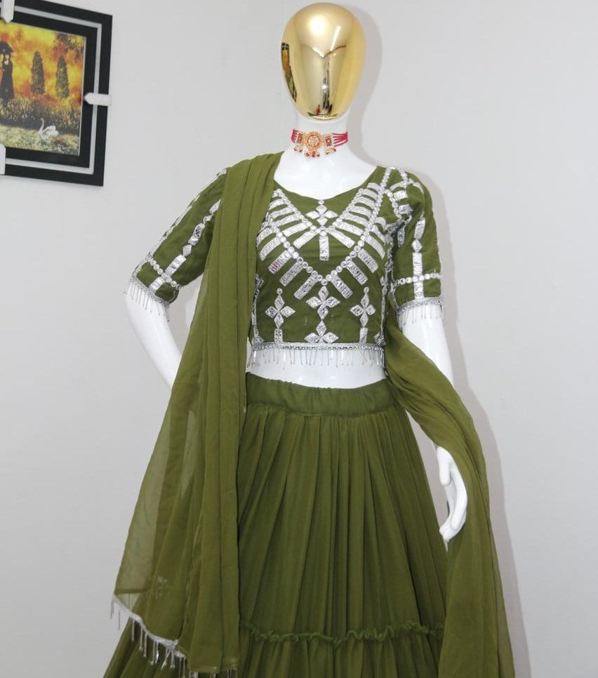 Pista green georgette embroidered mirror paper work lehenga choli