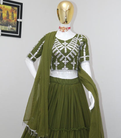 Pista green georgette embroidered mirror paper work lehenga choli