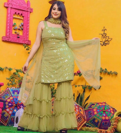 Pista green georgette embroidered sequence work Top with plazzo