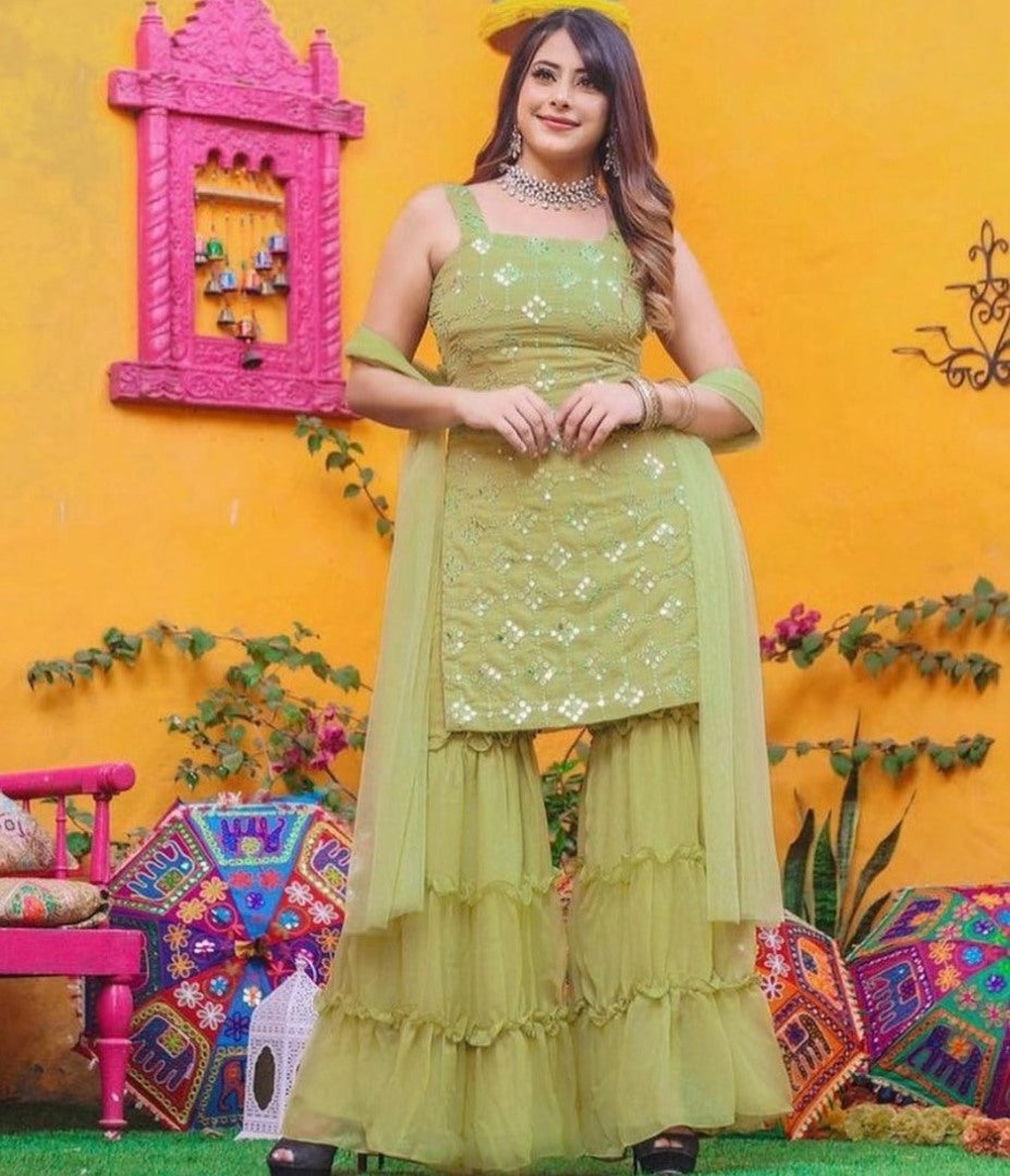 Pista green georgette embroidered sequence work Top with plazzo