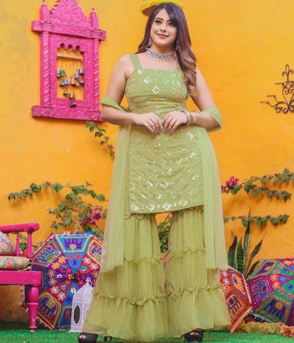 Pista green georgette embroidered sequence work Top with plazzo