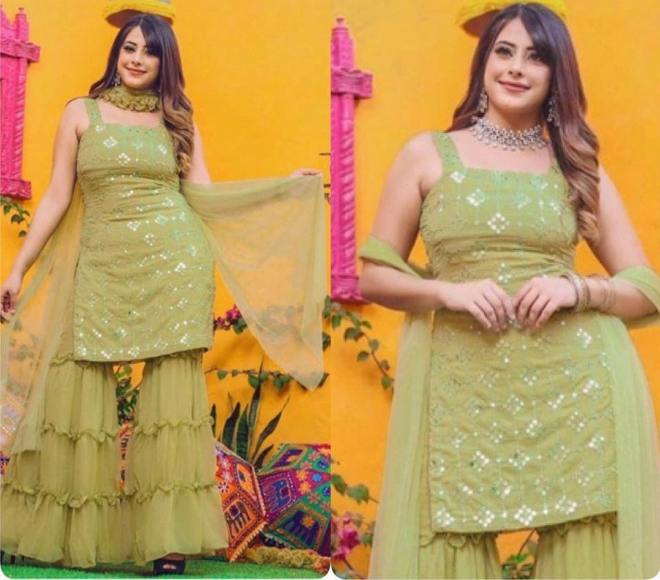 Pista green georgette embroidered sequence work Top with plazzo