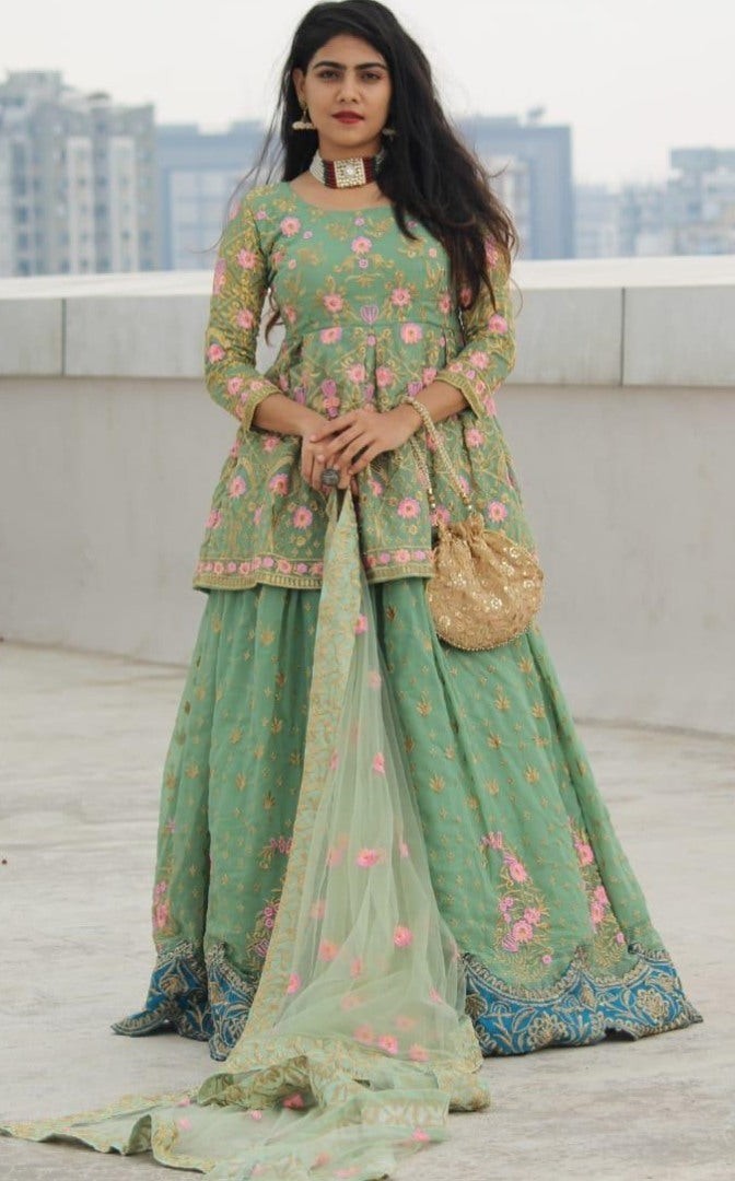 Pista green georgette embroidered work party wear lehenga choli