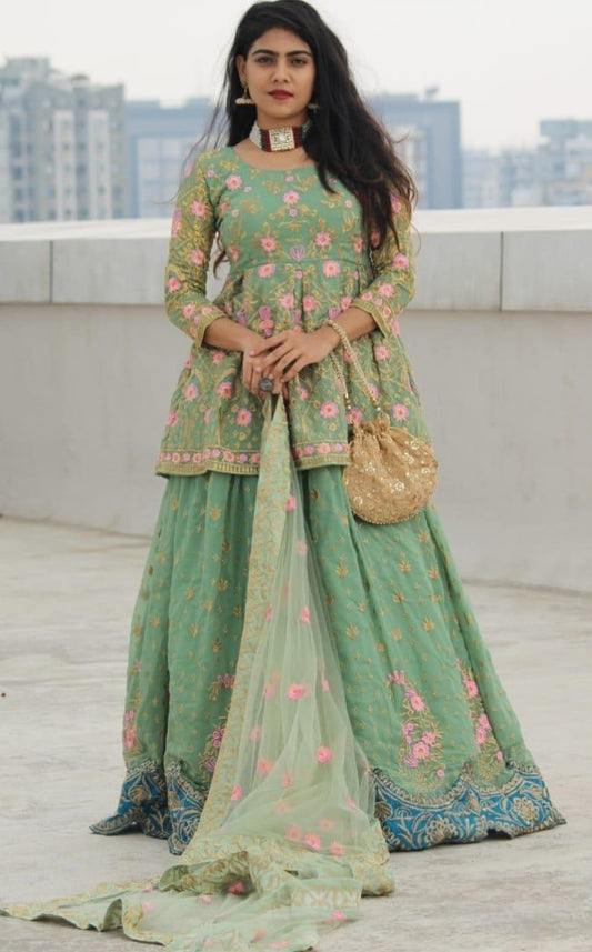 Pista green georgette embroidered work party wear lehenga choli