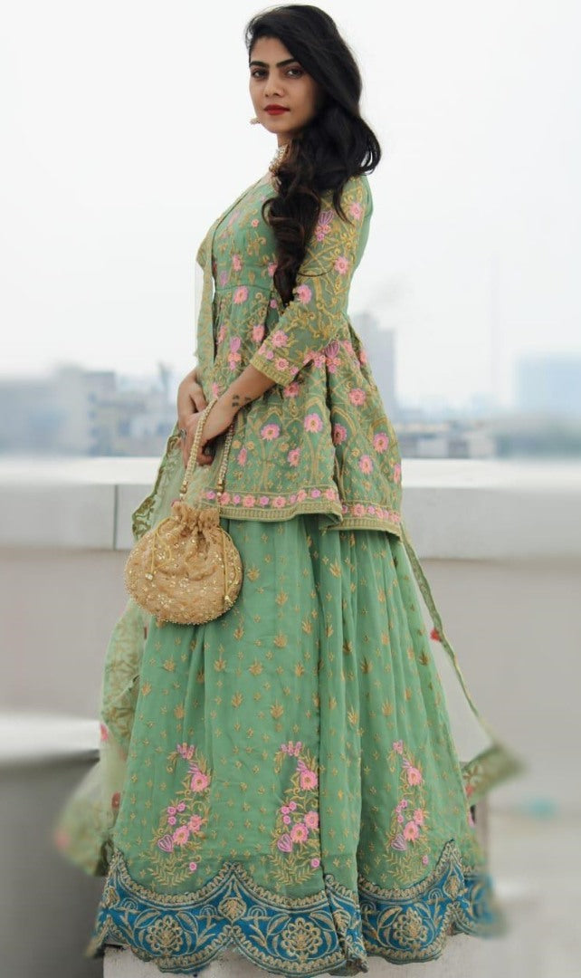 Pista green georgette embroidered work party wear lehenga choli