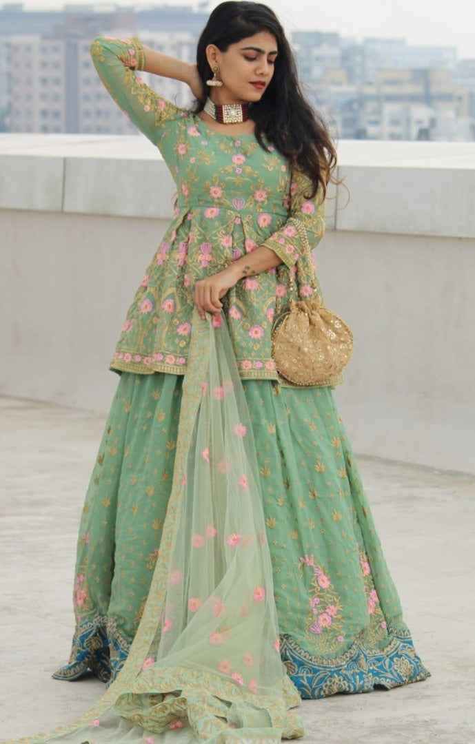 Pista green georgette embroidered work party wear lehenga choli