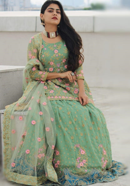 Pista green georgette embroidered work party wear lehenga choli