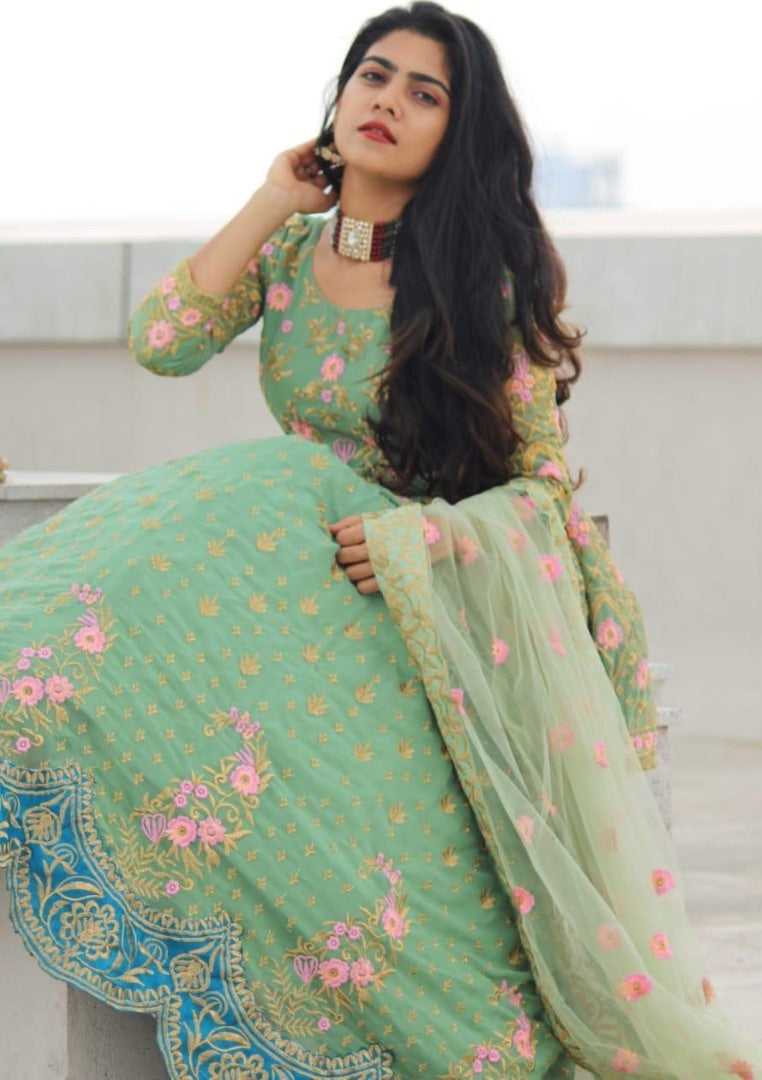 Pista green georgette embroidered work party wear lehenga choli