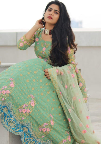 Pista green georgette embroidered work party wear lehenga choli