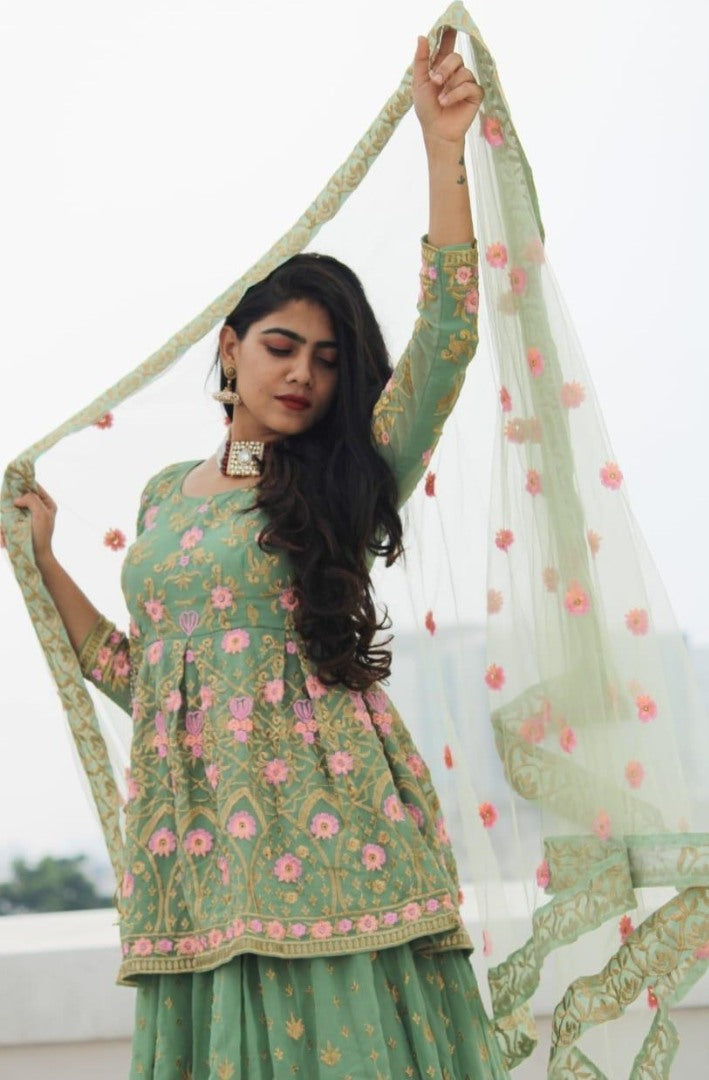 Pista green georgette embroidered work party wear lehenga choli