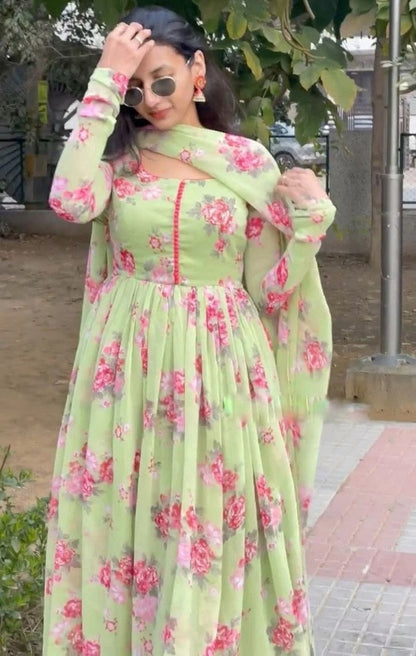 Pista green georgette flower printed anarkali suit