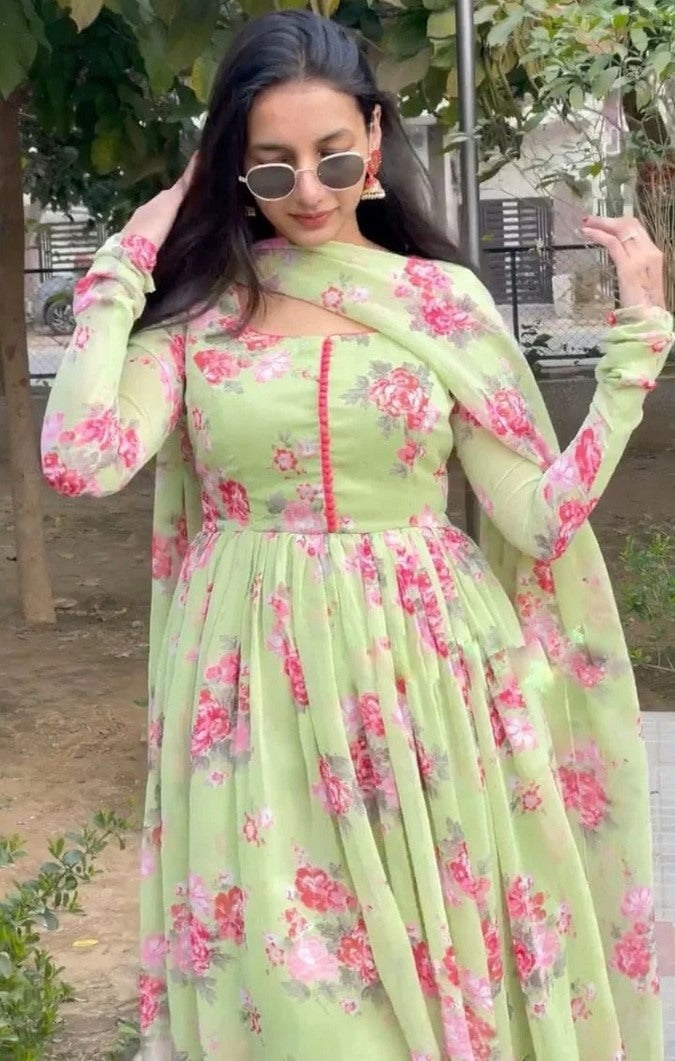 Pista green georgette flower printed anarkali suit