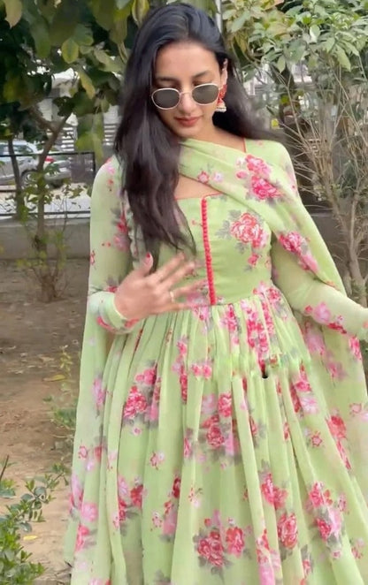 Pista green georgette flower printed anarkali suit