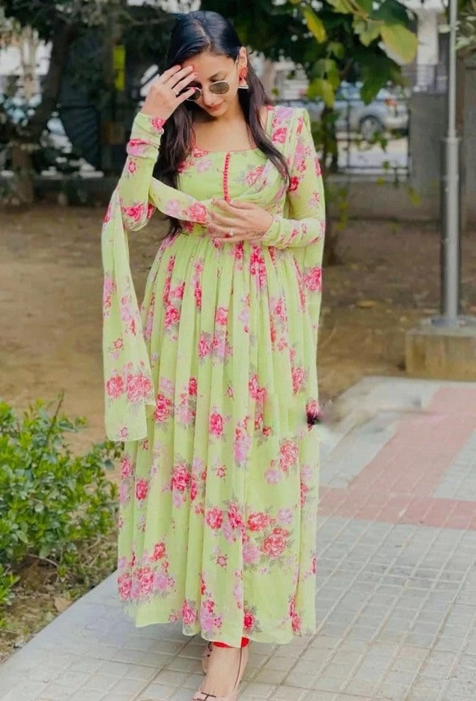 Pista green georgette flower printed anarkali suit
