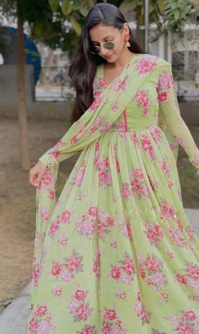 Pista green georgette flower printed anarkali suit