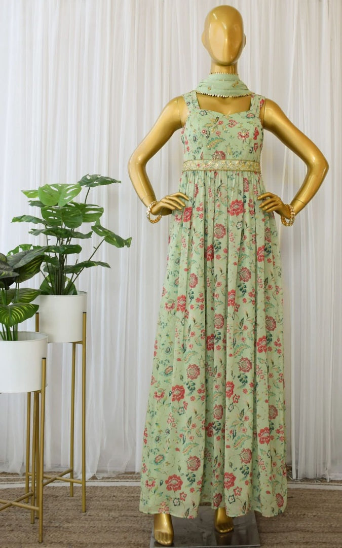 Pista green georgette flower printed and sequence work gown