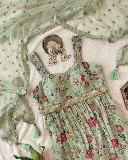 Pista green georgette flower printed and sequence work gown