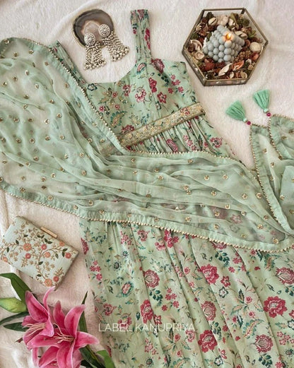 Pista green georgette flower printed and sequence work gown