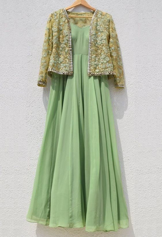 Pista green georgette gown with embroidered jacket