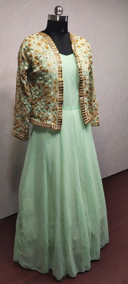 Pista green georgette gown with embroidered jacket