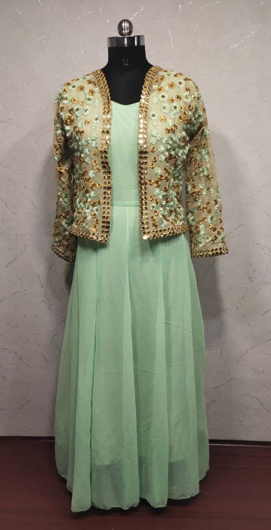Pista green georgette gown with embroidered jacket