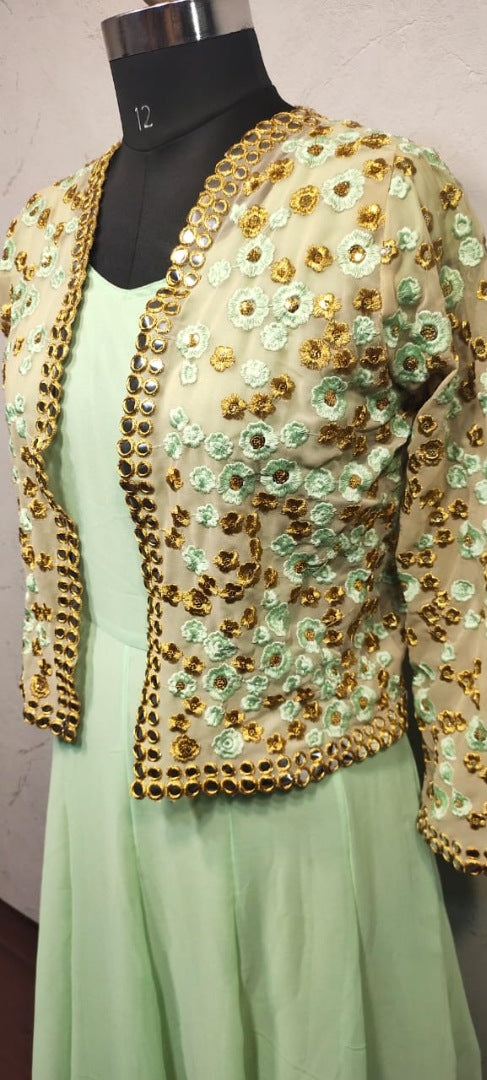 Pista green georgette gown with embroidered jacket
