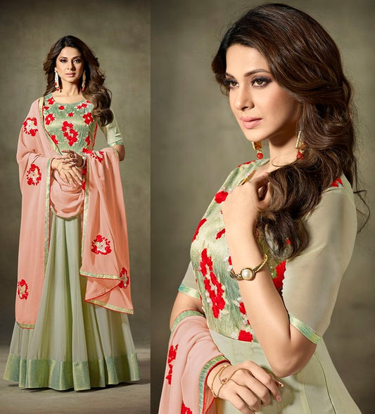 Pista green georgette handloom embroidered designer anarkali suit