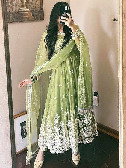 Pista green georgette heavy chainstitch embroidery party wear anarkali suit