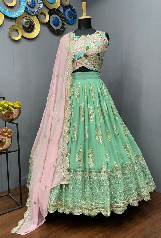 Pista green georgette heavy embroidered lehenga choli