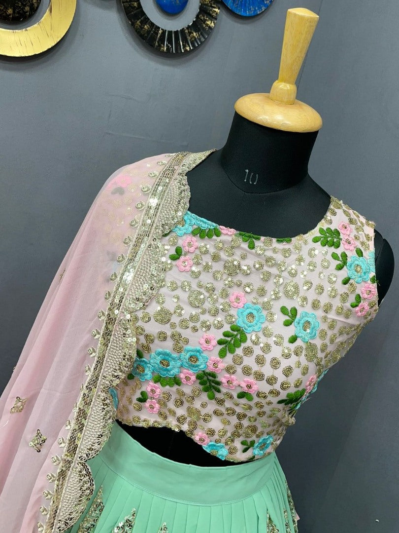 Pista green georgette heavy embroidered lehenga choli
