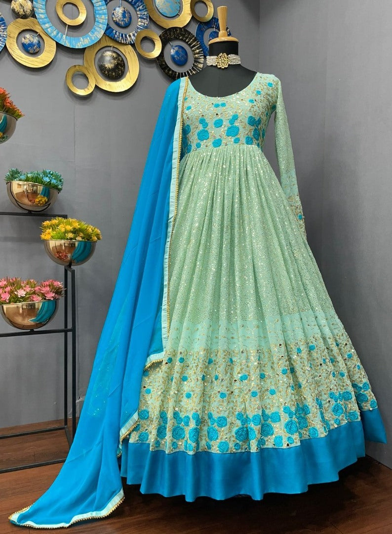 Pista green georgette heavy embroidered long anarkali suit