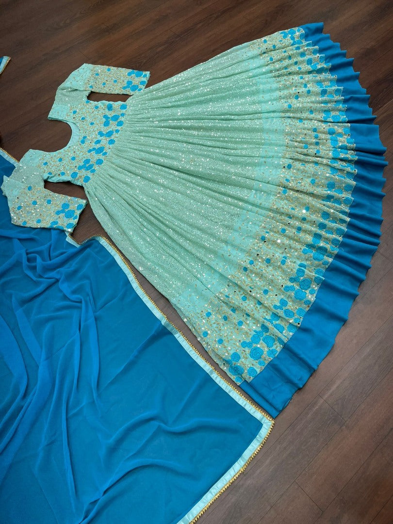 Pista green georgette heavy embroidered long anarkali suit