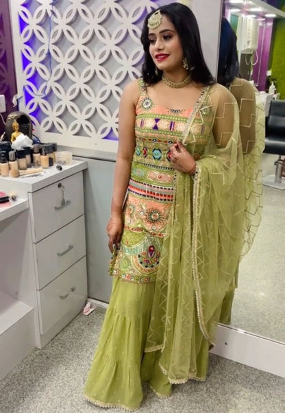 Pista green georgette heavy embroidered sharara suit