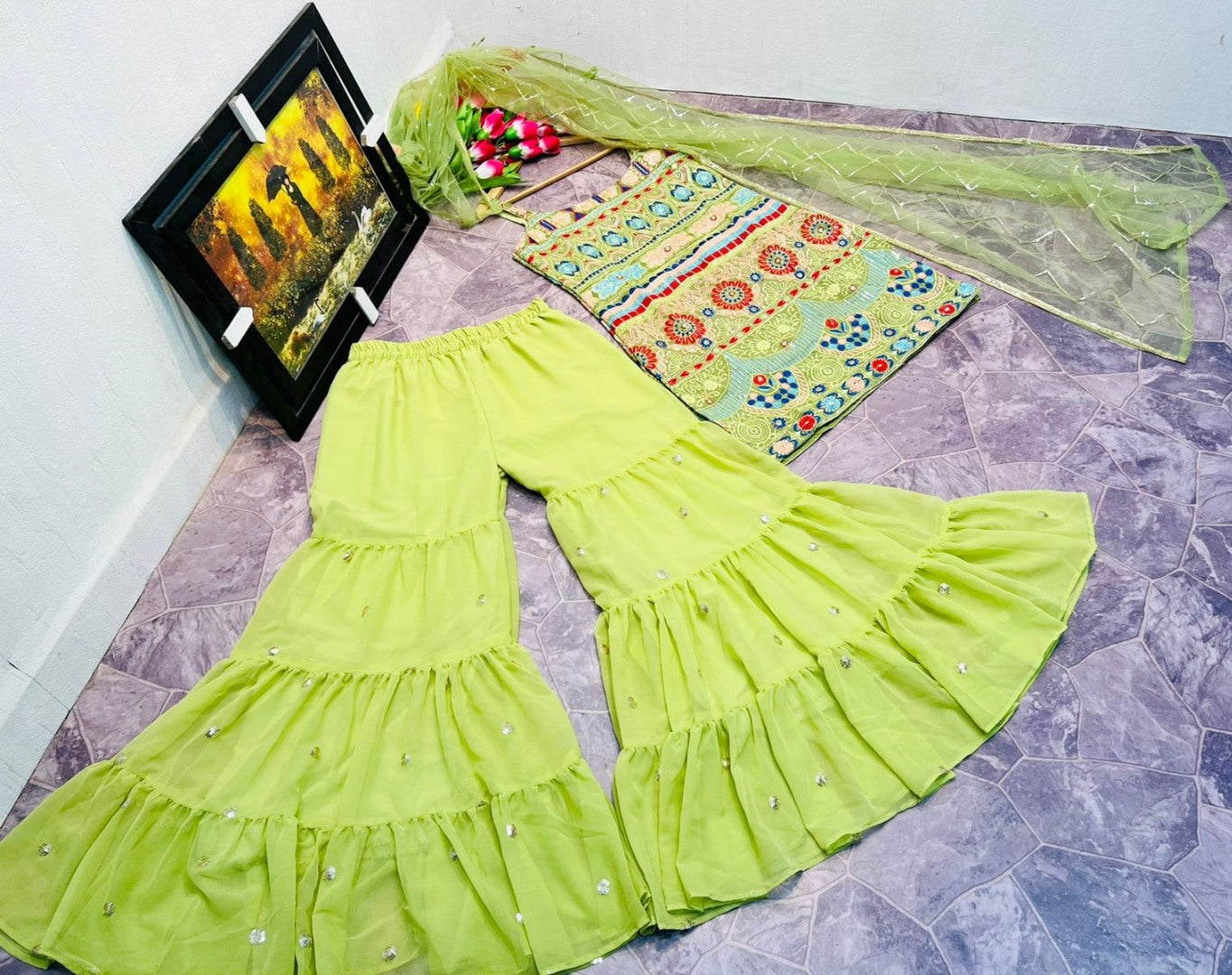 Pista green georgette heavy embroidered sharara suit