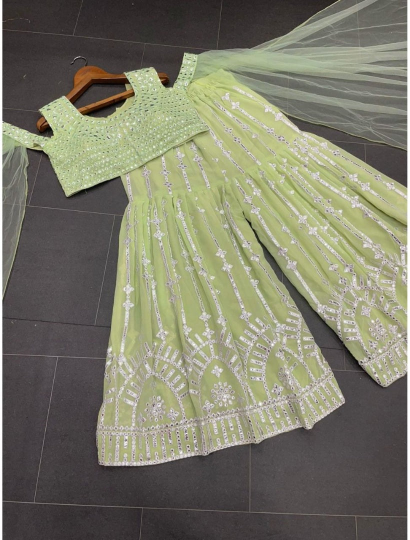 Pista green georgette heavy embroidery work designer plazzo suit