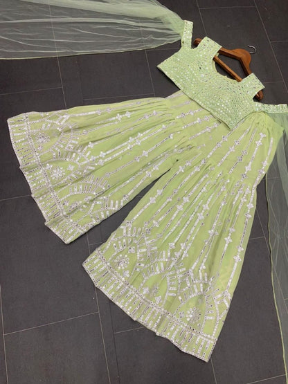 Pista green georgette heavy embroidery work designer plazzo suit