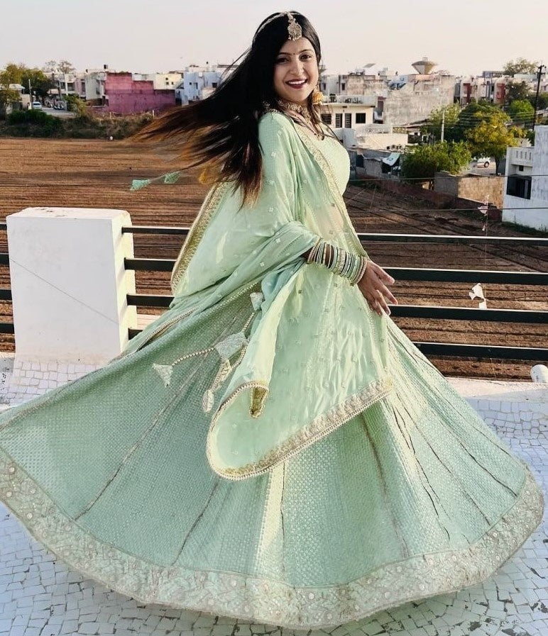 Pista green georgette heavy embroidery work wedding lehenga choli