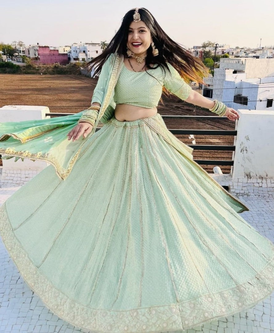 Pista green georgette heavy embroidery work wedding lehenga choli