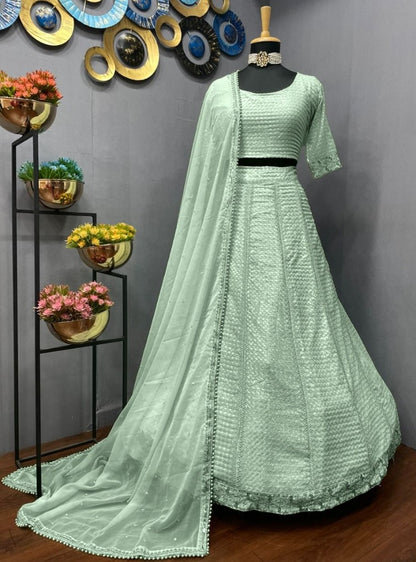 Pista green georgette heavy embroidery work wedding lehenga choli