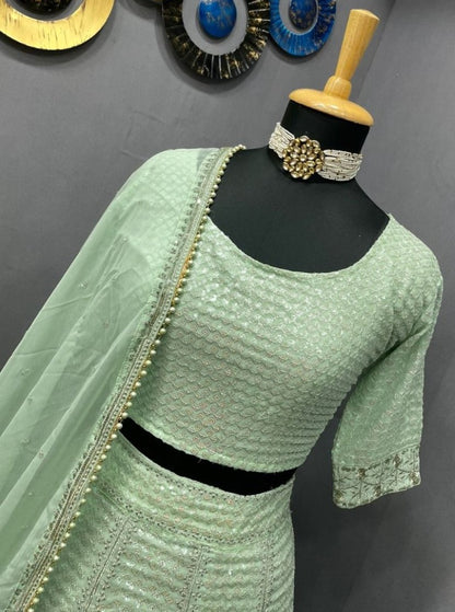 Pista green georgette heavy embroidery work wedding lehenga choli