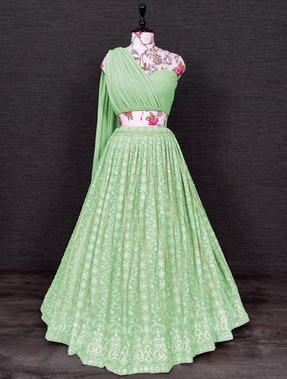 Pista green georgette heavy lucknowi thread worked crop top lehenga