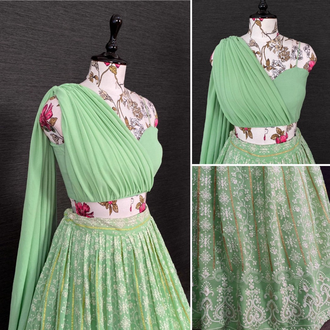 Pista green georgette heavy lucknowi thread worked crop top lehenga
