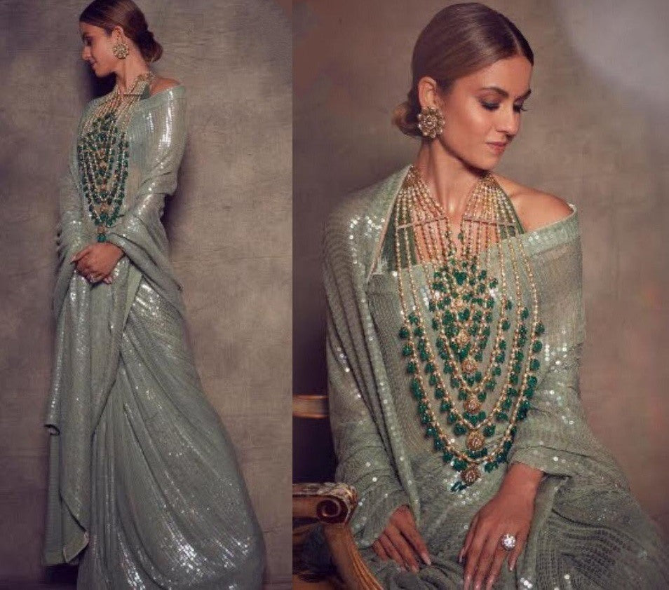 Pista green georgette heavy sequence work partywear saree