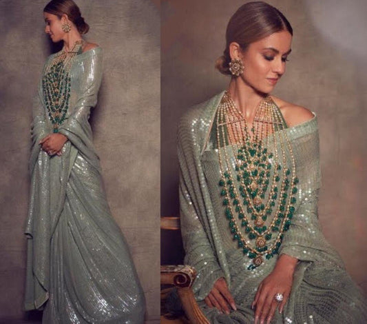 Pista green georgette heavy sequence work partywear saree
