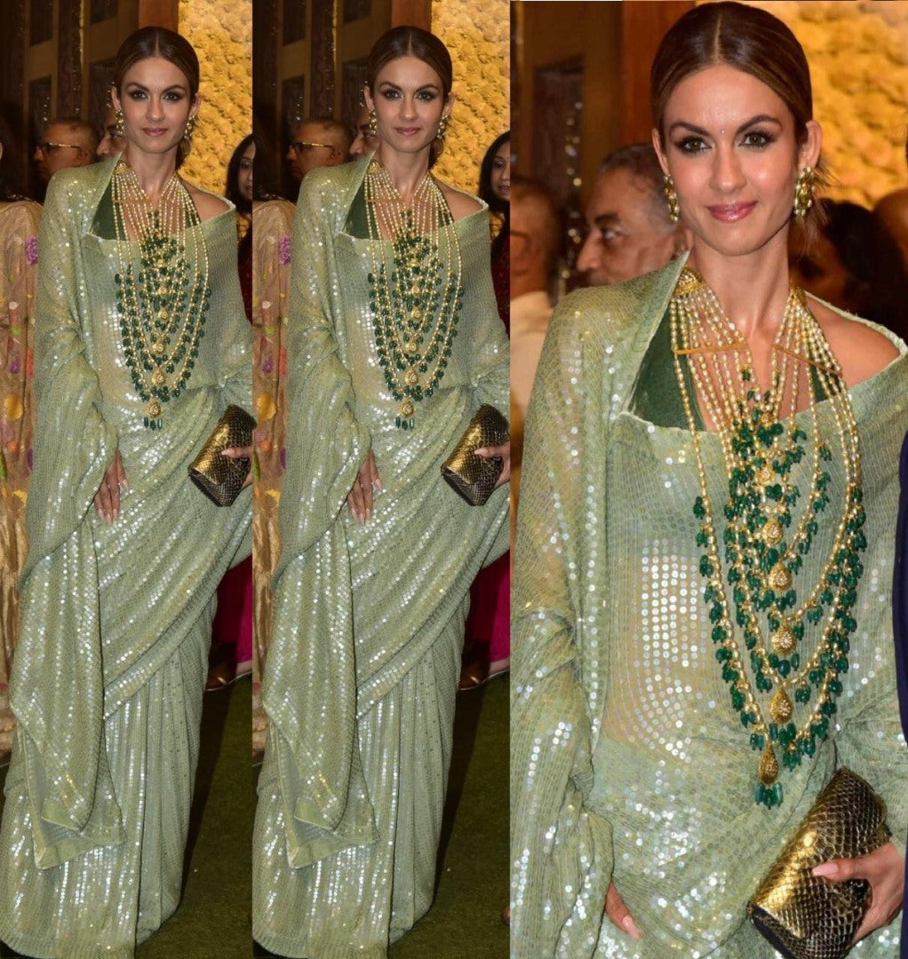 Pista green georgette heavy sequence work partywear saree