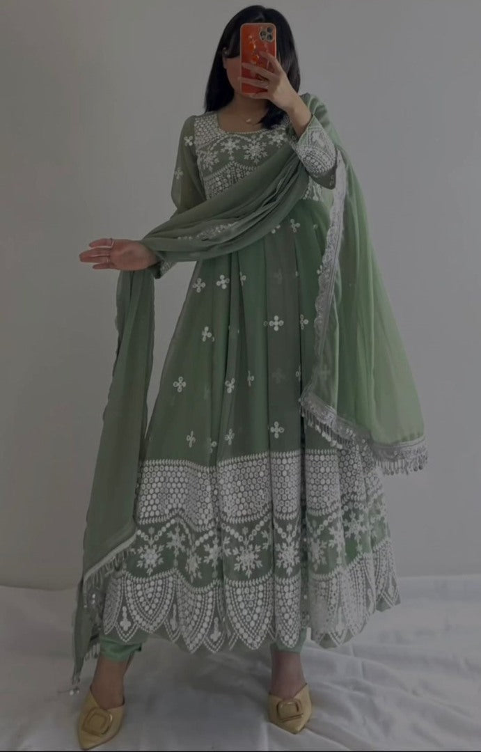 Pista green georgette heavy work long wedding anarkali gown