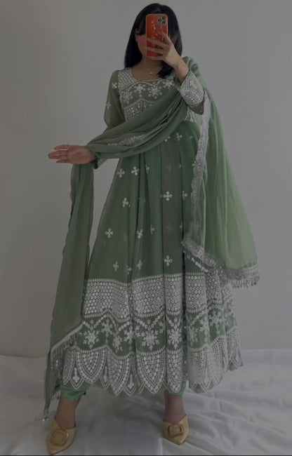 Pista green georgette heavy work long wedding anarkali gown