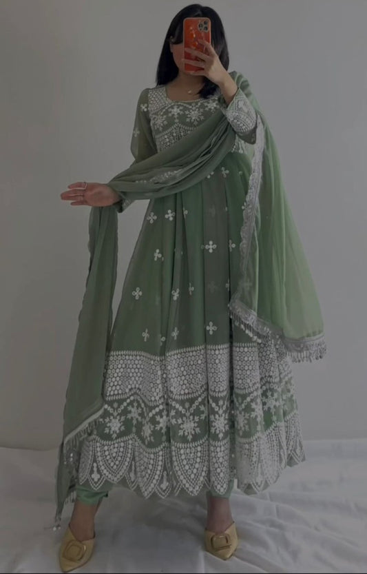 Pista green georgette heavy work long wedding anarkali gown