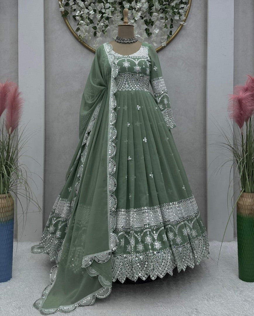 Pista green georgette heavy work long wedding anarkali gown