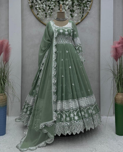 Pista green georgette heavy work long wedding anarkali gown